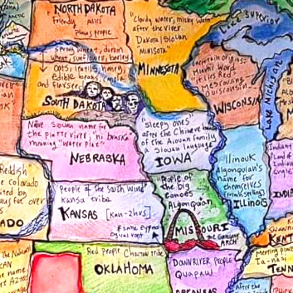 USA Handmade Map cartography painting watercolor pen & ink Earth Day - Picture 11 of 16